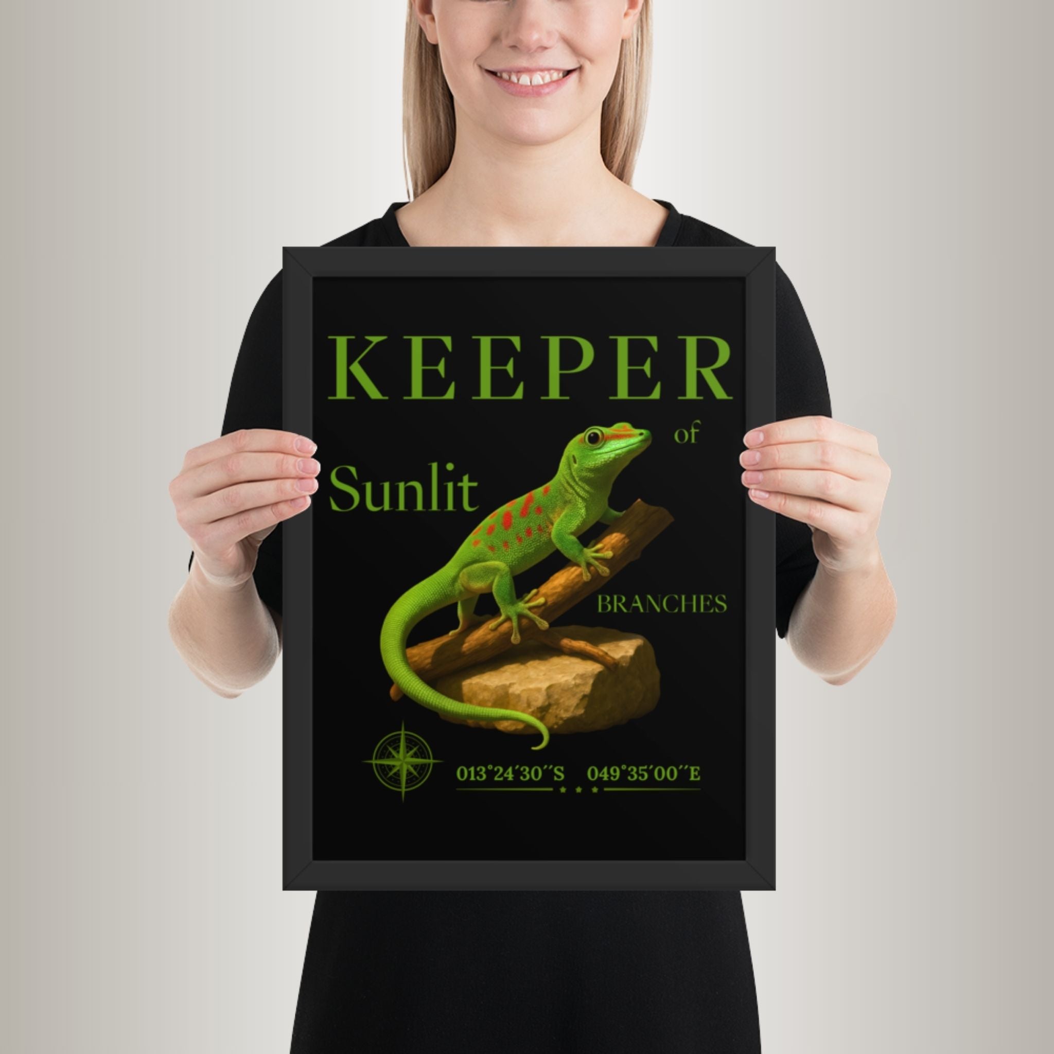 Poster mit Bilderrahmen Madagassischer Taggecko Grün (Phelsuma madagascariensis)